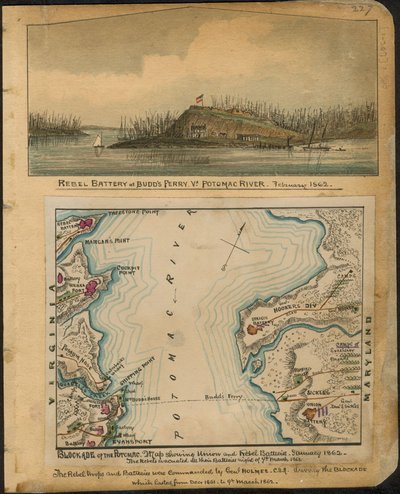 Blockaden av Potomac. Karta som visar unionens och rebellernas batterier i januari 1862. Rebellerna evakuerade alla sina batterier natten till den 4 mars 1862. LOC gvhs01.vhs00066 av Robert Knox Sneden