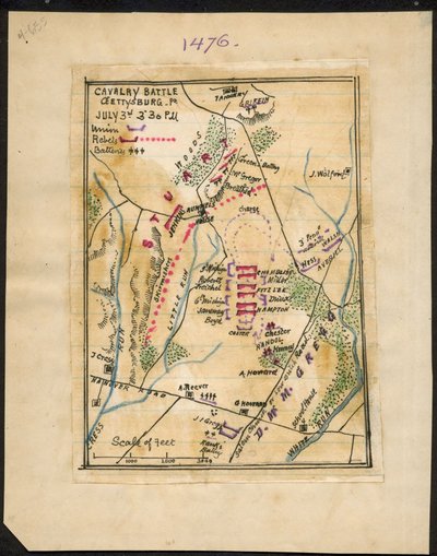 Kavalleristrid, Gettysburg, Pennsylvania 3 juli kl. 15.00-30.00 LOC gvhs01.vhs00150 av Robert Knox Sneden