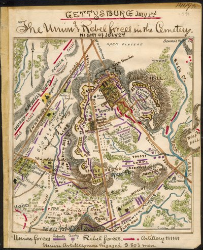 Gettysburg den 2 juli Unionens och rebellernas styrkor på kyrkogården. LOC gvhs01.vhs00148 av Robert Knox Sneden