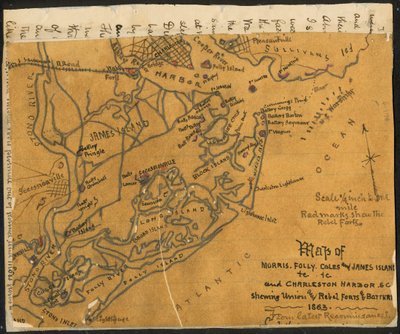 Karta över Morris, Folly, Coles och James Island(s) etc., och Charleston Harbor S.C. som visar (sic) unionens och rebellernas fort och batterier, 1864. LOC gvhs01.vhs00184 av Robert Knox Sneden