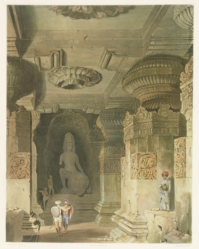 Interiör av Indra Subbas grotttemplet i Ellora, från Volym II av Indiens landskap, kostymer och arkitektur, tecknad av David Roberts (1796-1864) etsad av Thomas Kearnan (fl.1821-50) och graverad av Robert Melville Grindlay