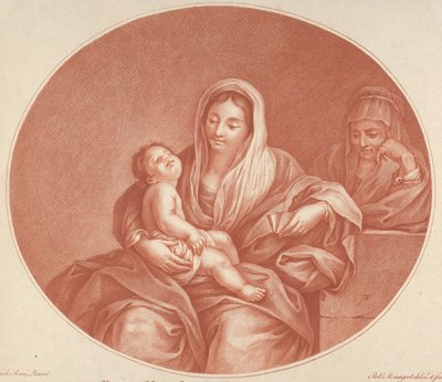 Jungfrun satt med spädbarnet Kristus sovande i hennes knä, Saint Elizabeth till höger, an..., 1776. av Robert Menageot