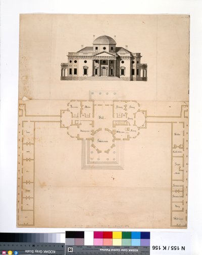 Monticello: 2:a versionen (plan och västerhöjd) av Robert Mills