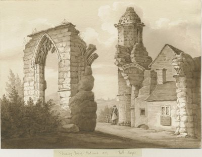 Dudley Priory: sepiatvättteckning, 1827 av Robert Noyes