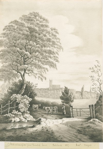Wolverhampton - Avlägsen vy från Dunstall Lane: sepia tvättteckning, 1837 av Robert Noyes