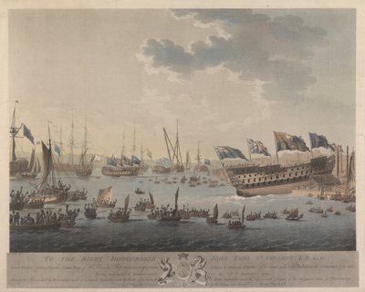 Till... Earl St Vincent K.B. c.c. Denna plansch föreställer sjösättningen av Hans Majestäts skepp Hibernia på 120 kanoner, Circe  Pallas fregatter på 32 kanoner vardera och urdockningen av St George på 98 kanoner efter att ha genomgått en fullständig repar av Robert Parker