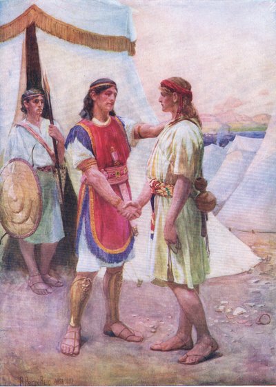 David och Jonathan, från The Bible Picture Book utgiven av Thomas Nelson, c.1950 (litho) av Robert Payton Reid