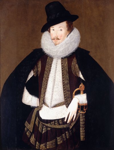 Porträtt av Sir Charles Cornwallis, i en pälsklippt svart mantel, vit dubbel och brun, guldbroderad väst, av Robert Peake