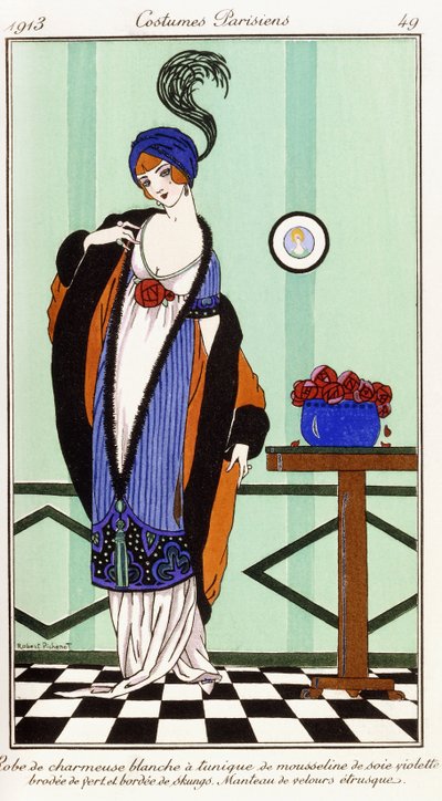 Parisiska kläder: Vit charmeuse dräkt med violett broderad sidentunika av Robert Pichenot
