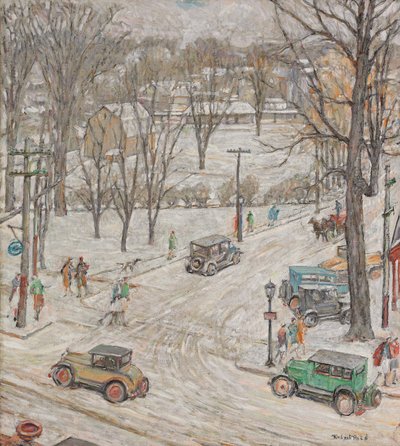 Gatubild på vintern (olja på duk) av Robert Reid