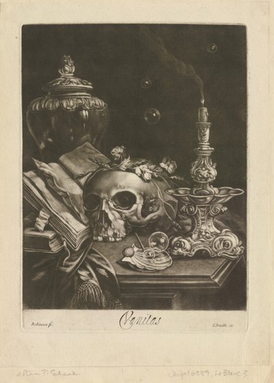 Vanitas stilleben, ca 1685-88 (mezzotint med burinarbete) av Robert Robinson