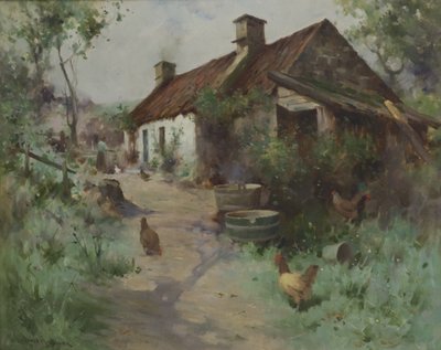 Bothy med fjäderfä (olja på duk) av Robert Russell MacNee
