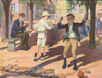 En pojke får ett vredesutbrott när han leker med sin kompis (färglitografi) av Robert Salles