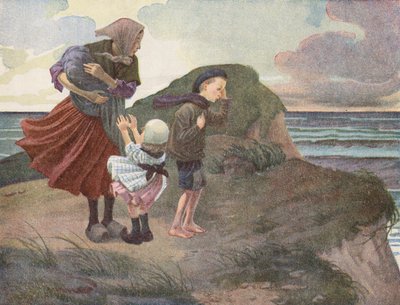 En fiskares familj väntar otåligt på att han ska återvända innan en storm drar in (färglitografi) av Robert Salles