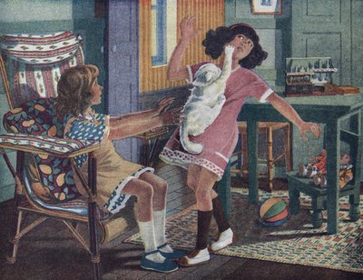 Annettes lilla katt: en vit katt klor i ansiktet på en liten flicka som leker med sin vän. Illustration av Robert Salles (1871-1929) i "" Je sais Lire"". av Robert Salles