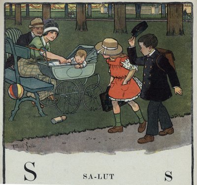 Barnbok "" Jag kommer att läsa - Metodiskt och roligt alfabet av en pappa""" 1926. Illustration av Robert Salles (1871-1929). Abecedary: bokstaven S som Salut. En pojke hälsar på ett par och deras bebis genom att lyfta på mössan. av Robert Salles