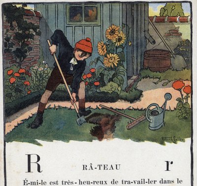Barnbok "" Jag kommer att läsa - Metodiskt och roligt alfabet av en pappa""" 1926. Illustration av Robert Salles (1871-1929). Abecedaire: bokstaven R som Rake. En pojkes trädgård i trädgården till hans hus. av Robert Salles
