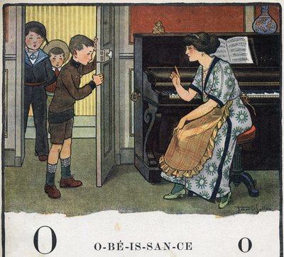 Barnbok "" Jag kommer att läsa - Metodiskt och roligt alfabet av en pappa""" 1926. Illustration av Robert Salles (1871-1929). Abecedary: bokstaven O som Lydnad. En mamma skäller ut sina pojkar. av Robert Salles