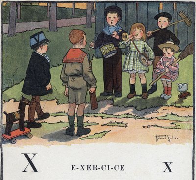 Barnbok "" Jag kommer att läsa - Metodiskt och roligt alfabet av en pappa""" 1926. Illustration av Robert Salles (1871-1929). Abecedary: bokstaven X som övning. Barn leker militär. av Robert Salles