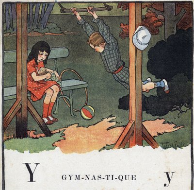 Barnbok "" Jag kommer att läsa - Metodiskt och roligt alfabet av en pappa""" 1926. Illustration av Robert Salles (1871-1929). Abecedary: bokstaven Y som Gymnastik. En pojke trapetsar medan en tjej spelar en docka. av Robert Salles