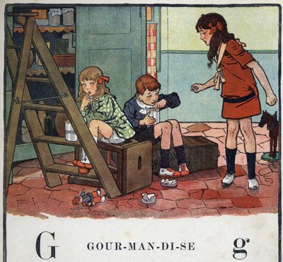 Barnbok "" Jag kommer att läsa - Metodiskt och roligt alfabet av en pappa""" 1926. Illustration av Robert Salles (1871-1929). Abecedary: bokstaven G som Gourmandise. Flicka och pojkar som äter kanderad frukt i hemlighet. av Robert Salles