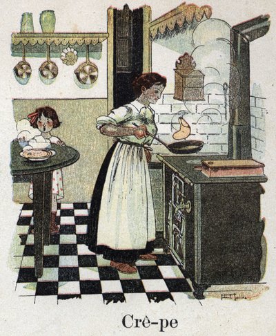 Barnbok "" Jag kommer att läsa - Metodiskt och roligt alfabet av en pappa""" 1926. Illustration av Robert Salles (1871-1929). Mamma blåser crepes i pannan. av Robert Salles