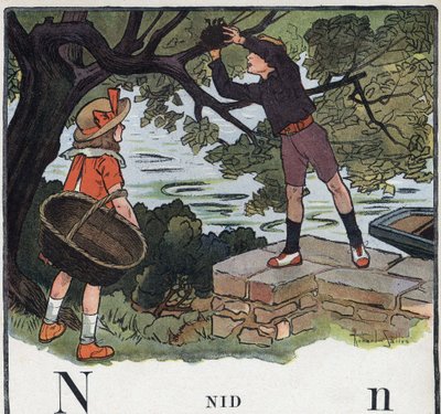 Barnbok "" Jag kommer att läsa - Metodiskt och roligt alfabet av en pappa""" 1926. Illustration av Robert Salles (1871-1929). Abecedary: bokstaven N som Nest. En pojke tar ett bo byggt på ett träd. av Robert Salles