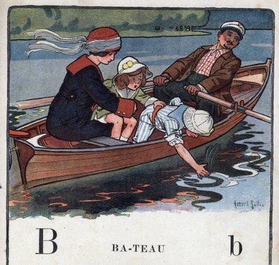 Barnbok "" Jag kommer att läsa - Metodiskt och roligt alfabet av en pappa""" 1926. Illustration av Robert Salles (1871-1929). Abecedaire: bokstaven B som båt. En familj i en båt tar en promenad. av Robert Salles