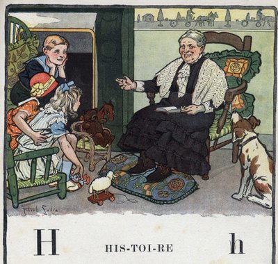 Barnbok "" Jag kommer att läsa - Metodiskt och roligt alfabet av en pappa""" 1926. Illustration av Robert Salles (1871-1929). Abecedaire: bokstaven H som Historia. En mormor berättar historier för sina barnbarn nära den öppna spisen. av Robert Salles