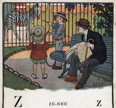 Barnbok "" Jag kommer att läsa - Metodiskt och roligt alfabet av en pappa""" 1926. Illustration av Robert Salles (1871-1929). Abecedaire: bokstaven Z som Zebre. Barn, med en båge, tittar på en zebra i en djurpark. av Robert Salles