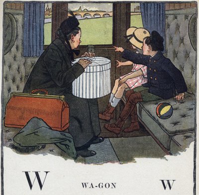 Barnbok "" Jag kommer att läsa - Metodiskt och roligt alfabet av en pappa""" 1926. Illustration av Robert Salles (1871-1929). Abecedaire: bokstaven W som Wagon. Två barn med sin mamma reser i en tågkupé. av Robert Salles
