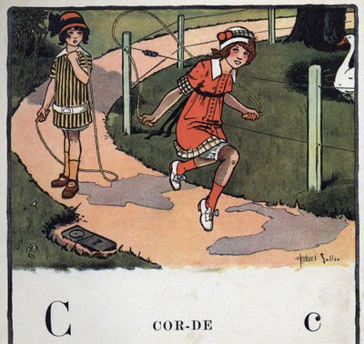 Barnbok "" Jag kommer att läsa - Metodiskt och roligt alfabet av en pappa""" 1926. Illustration av Robert Salles (1871-1929). Abecedary: bokstaven C som rep. Två flickor spelar hopprep. av Robert Salles