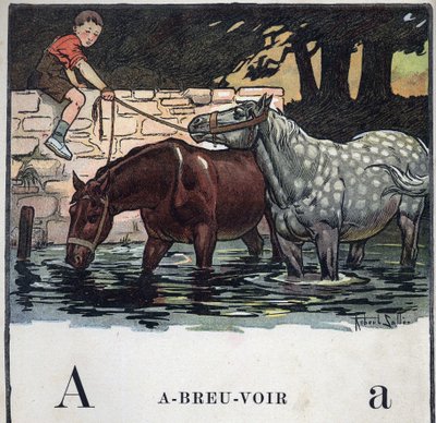 Barnbok "" Jag kommer att läsa - Metodiskt och roligt alfabet av en pappa""" 1926. Illustration av Robert Salles (1871-1929). Abecedary: bokstav A som dricksvatten. Två hästar dricker vatten. av Robert Salles