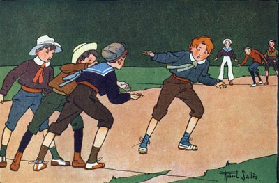 Barerna (lagspel, där man diskret måste gå till motståndarlägret symboliseras av en linje på marken för att göra fångar). Gravering i "" Vad spelar vi? ”” av E. Weber med akvarellteckningar av Robert Salles (1871-1929). Librairie Garnier av Robert Salles