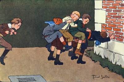 Hästen smälte (när du hoppar måste du hoppa en caliphurchon på ryggen på ett annat barn, utan att slå de andra). Gravering i "" Vad spelar vi? ”” av E. Weber med akvarellteckningar av Robert Salles (1871-1929). Librairie Garnier Frere av Robert Salles