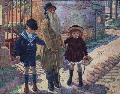 Den blindes pinne: två barn hjälper en blind gubbe att gå. Illustration av Robert Salles (1871-1929) i "" Je sais Lire"". av Robert Salles