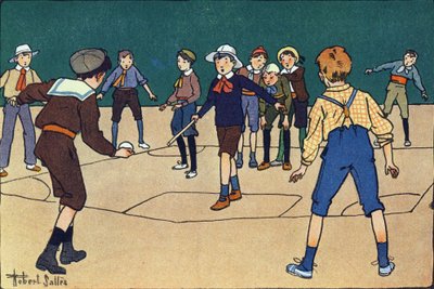 Theque (lagspel med boll och pinne). Gravering i "" Vad spelar vi? ”” av E. Weber med akvarellteckningar av Robert Salles (1871-1929). Librairie Garnier Freres, Paris av Robert Salles