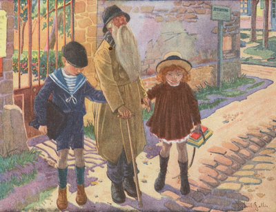 Två barn hjälper en gammal blind man som har tappat sin käpp (färglitografi) av Robert Salles