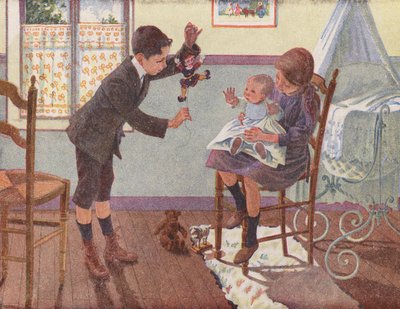 Två barn leker med sin nyanlända lillebror (färglitografi) av Robert Salles