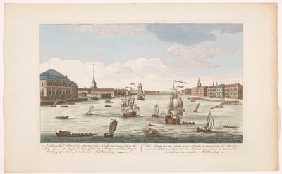 Utsikt över floden Neva i Sankt Petersburg, sedd nedströms En perspektivvy av stranden av Neva, när han kommer nerför floden (...) (titel på objektet) av Robert Sayer (possibly)
