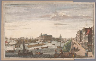 Se över Admiraliteitsmagazijn i Amsterdam En vy av amiralitetet i Amsterdam, av förrådshusen, kajerna och hamnen, som tillhör det, och till Ostindiska kompaniet av Holland (titel på objektet) av Robert Sayer (possibly)