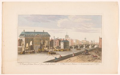 Utsikt över Custom House och Essex Bridge över floden Liffey i Dublin En prospekt av Custom House och Essex Bridge, Dublin (titel på objekt) av Robert Sayer (possibly)