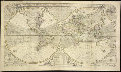 En ny karta över världen i två halvklot med de nya upptäckterna och trakterna av de två Circum Navigators, nämligen Dampier & Anson runt den: Ritad från de senaste geograferna och mycket förbättrad från Sieurs D