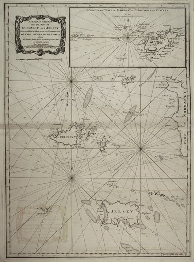 Ett allmänt sjökort över öarna Guernsey och Jersey, Sark, Herm, Jethou och Alderney, med Cape la Hague och Caskets av Robert Sayer