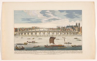 Vy över Westminster Bridge över Themsen i London, sett från norr En södervy av Westminster Bridge (titel på objekt) av Robert Sayer