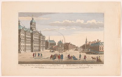 Utsikt över stadshuset i Amsterdam med brandmän på torget Dam En vy av Stadshuset och motorerna för att släcka brand i Amsterdam (titel på objektet) Holland (serietitel) av Robert Sayer