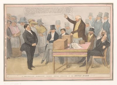 Spotprent över British Museum En parlamentarisk undersökning som rör vissa kuriosa i British Museum (titel på objekt) Månadsblad med karikatyrer nr 41. (titel på objekt) av Robert Seymour (possibly)