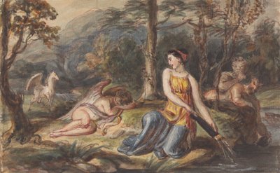 Diana, jaktens gudinna, med satyrer, sovande Amor och en Pegasus i ett skogslandskap av Robert Smirke