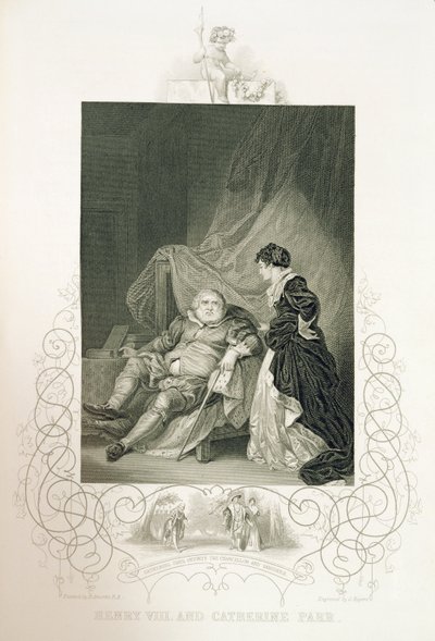 Henry VIII och Catherine Parr, i pjäsen Henry VIII eller "Allt är sant" av William Shakespeare (1564-1616) graverad av J. Rogers av Robert Smirke