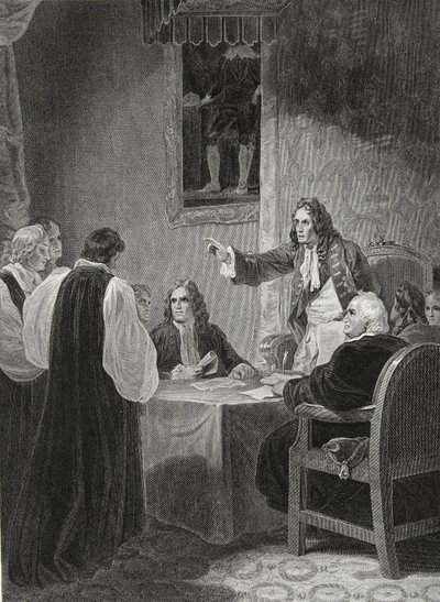 Biskoparna inför Privy Council, 1688, graverad av George Noble, illustration från David Humes "The History of England", utgiven av R. Bowyer, London, 1812. av Robert Smirke